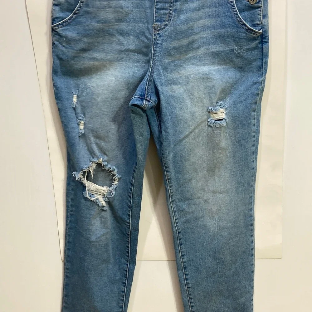 Style & Co Womens Medium Wash Distressed Denim Overalls‎ Skinny Leg Size M Blue